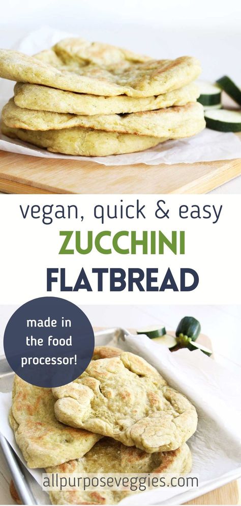 If you've been wondering what to do with your leftover zucchini, you'll love this simple zucchini flatbread recipe that's made in the food processor. All it takes is a couple of minutes of your time to whip all the ingredients up, and the flatbread texture is surprisingly soft and chewy, with a pleasant savory flavor of zucchini coming through in every bite. Zucchini Flatbread, Leftover Zucchini, Flatbread Toppings, Easy Flatbread Pizza, Homestead Cooking, Naan Pizza Recipes, Zucchini Side Dishes, Vegan Bread Recipe, Vegan Sandwiches