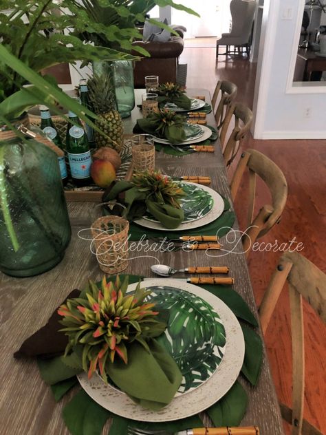 Welcome Summer with a Tropical Tablescape - Celebrate & Decorate Jungle Tablescape, Botanical Tablescape, Xmas Tables, Tropical Tablescape, Tropical Dining Room, British West Indies Style, Tropical Arrangements, Tablescapes Summer, Tropical Centerpieces