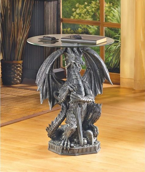 50 Unique End Tables That Add The Perfect Living Room Finish Dragon Table, Gothic Dragon, Medieval Dragon, Dragon Glass, Ancient Dragon, Dragon Decor, Dragon Statue, Glass Side Tables, Unique Tables