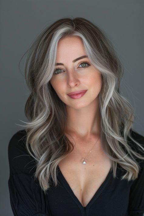 Butterfly Haircut Gray Hair, Gray Hair Under 40, Brunette Hair With Gray Highlights, Long Grey Hair, Butterfly Haircuts, Grey Hair Transformation, Grey Hair Inspiration, Beautiful Gray Hair, Blending Gray Hair