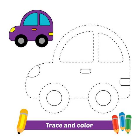 Trace and color for kids, car vector | Premium Vector #Freepik #vector #car #school #baby #book Trace And Color, Kenderaan Udara Worksheet, Transportation Tracing Preschool, Transportation Coloring Pages Preschool, Car Tracing Worksheet, Coloring Car, Vehicle Coloring Pages, Basic Drawing For Kids, Rainbow Drawing