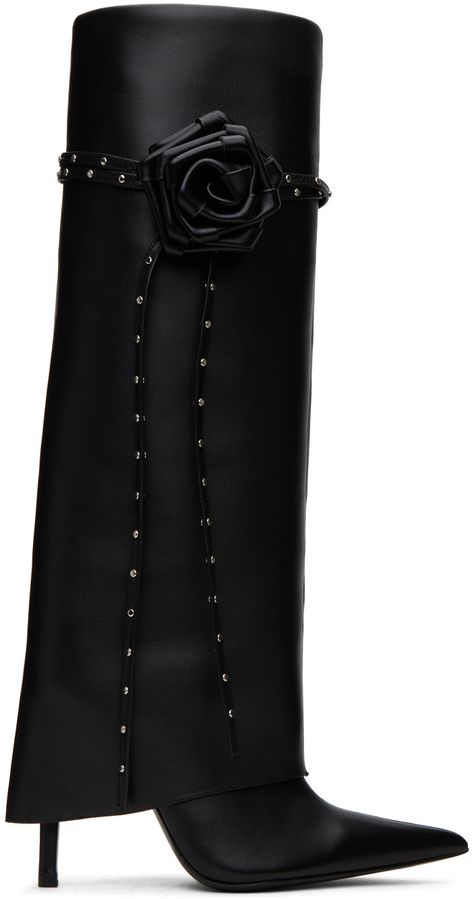 Knee-high paneled buffed calfskin boots in black. · Pointed toe · Detachable floral appliqué at collar · Buffed leather lining · Covered stiletto heel with rubber injection · Leather sole · Heel: H4 Available exclusively at SSENSE. Supplier color: Black Shoe Dazzle Boots, Very High Heels Boots, 1920 Heels, Cute Heel Boots, Grunge Heels, Black Dress And Boots, Fancy Boots, Colorful Boots, Princess Heels