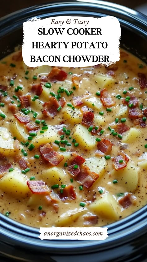 Slow Cooker Creamy Bacon Potato Soup, Potato Bacon Soup Crock Pot Crockpot Recipes, Easy Potato Bacon Soup Crock Pot, Bacon Slow Cooker Recipes, Slow Cooker Bacon Potato Soup, Slow Cooker Hearty Potato Bacon Chowder, Slowcooker Potato Soup Recipe, Bacon Chowder Soup, Potato And Bacon Soup Crock Pot