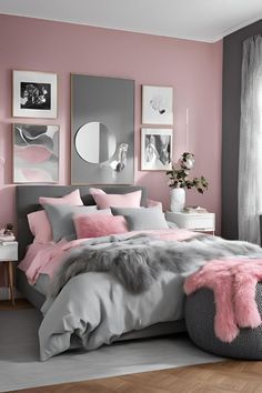 Light Pink And Grey Bedroom Walls, Pink And Gray Bedroom Aesthetic, Bed Rooms Ideas For Teen Girls Cute, Bedroom Ideas Dusty Pink, Aesthetic Gray Room, Grey White Pink Bedroom, Grey Pink Bedroom Ideas, Gray Pink And White Bedroom, Pink Grey White Bedroom