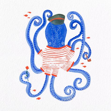 Octopus Illustration Cute, Octopus Illustration Graphic Design, Cute Octopus Illustration, Octopus Drawing Cute, Illustration Octopus, Octopus Poster, Octopus Cute, Nautical Illustration, Watercolor Octopus