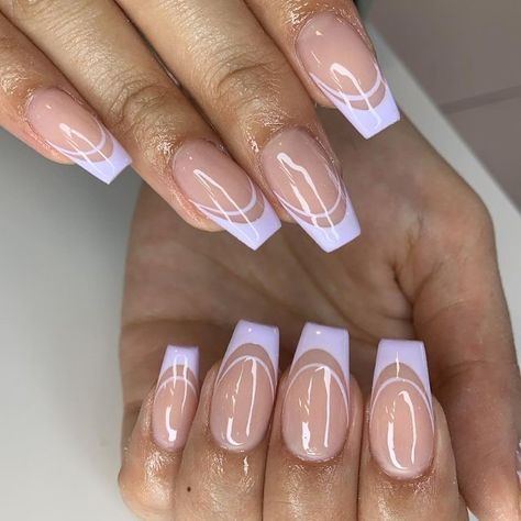 Curvy French Tip Nails, French Mail With Design, French Biab Nail Designs, Colorful French Tip Nails Acrylics, Lilac Tip Nails, French Tip Nails Ballerina Shape, French Tip Nails Styles, Summer Nails Lilac, Nail Designs Lilac