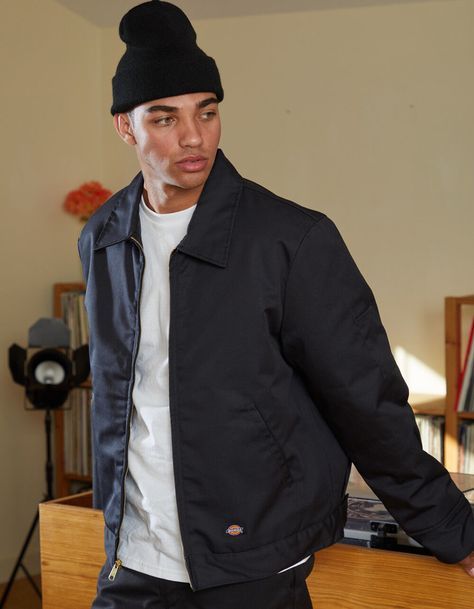 Black Dickies Outfit, Carhartt Outfit Men, Dickies Outfits Men, Harrington Jacket Men, Dickies Outfit, Aesthetic Guy Outfits, Black Jacket Outfit, Eisenhower Jacket, Black Men Street Fashion