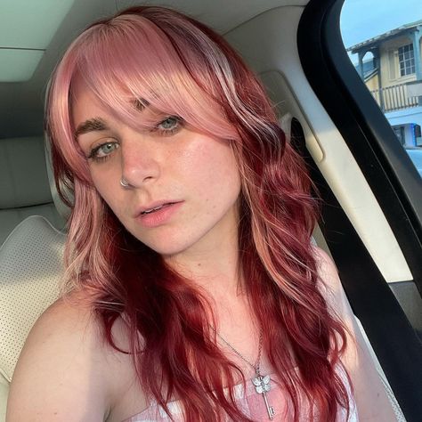 Dark Red And Light Pink Hair, Red Into Pink Hair, Red And Light Red Hair, Blonde Cherry Hair, Dyed Hair Sections, Blond And Pink Split Dye, Grown Out Split Dye, Mixed Pink Hair, 2 Toned Pink Hair