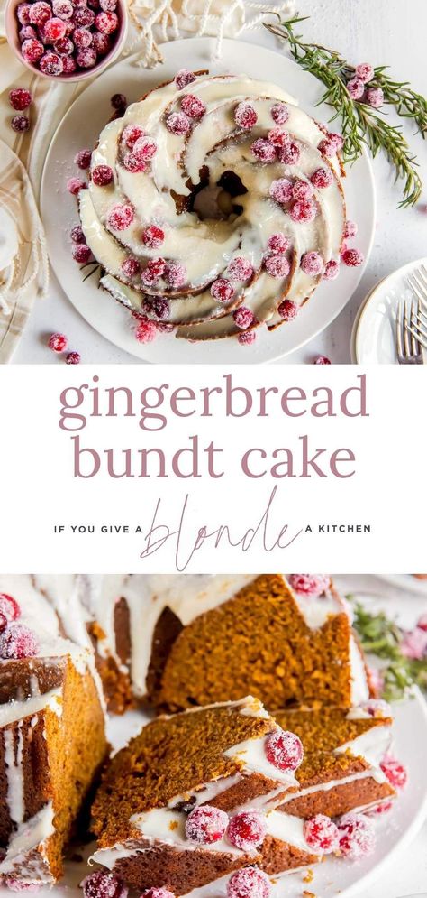 Gingerbread bundt cake is a flavorful and festive dessert. This cake is full of gingerbread flavor and topped with rich cream cheese frosting. Looking for a showstopper of a cake? This homemade gingerbread bundt cake recipe is your answer. Not only is the cake fluffy, tender and full of flavor, but is has a rich cream cheese frosting and sugared cranberries for garnish! The perfect Christmas dessert. It serves a whole family, plus more. The cake is almost too pretty to eat! Apple Desserts Christmas, Festive Bundt Cake, Christmas Dessert Showstopper, Christmas Bundt Cake Holiday Desserts, Bundt Cake Recipes Christmas, Gingerbread Bundt Cake Recipes, Christmas Bunt Cake, Holiday Bundt Cakes, Christmas Eve Desserts