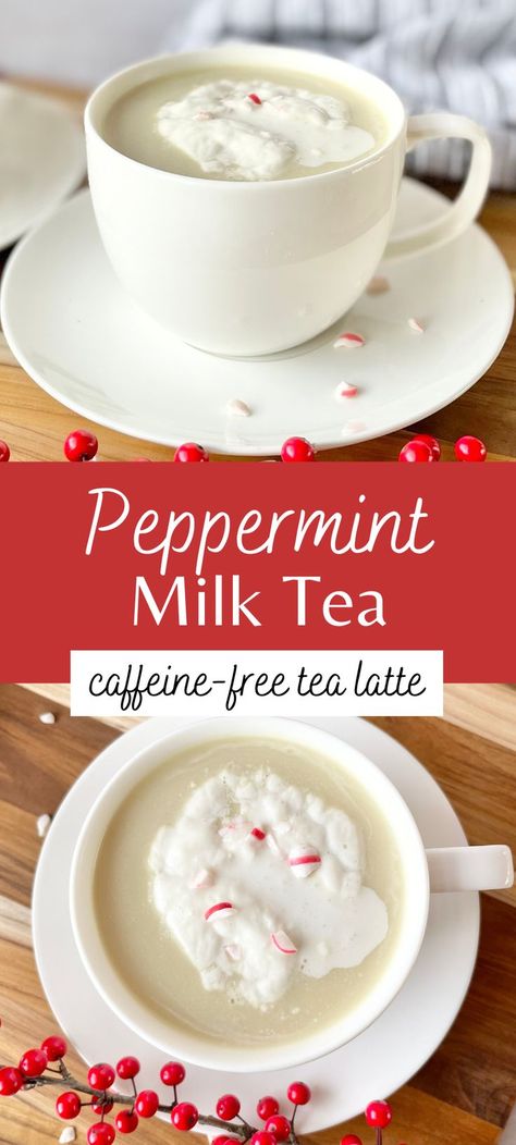 Step aside Christmas coffees! This peppermint tea latte is sweet, full of festive minty flavor, and topped with foamy milk! Made with only 3 ingredients and caffeine-free, this tea can be whipped up and enjoyed in minutes! Peppermint Tea Drinks, Peppermint Tea Latte, Herbal Tea Latte, Peppermint Tea Recipe, Copycat Drink Recipes, Hot Tea Recipes, Peppermint Latte, Spritzer Recipes, Milk Tea Recipes