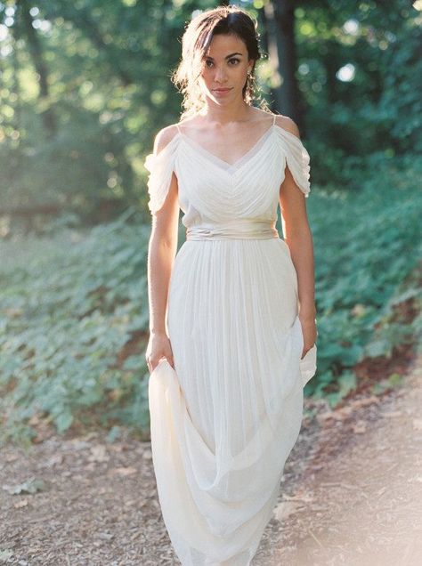 Gorgeous drapey off the shoulder gown via Wedding Sparrow | Photography: Kate Ignatowski | Dress: Saja Wedding Greek Goddess Wedding Dress, Greek Style Wedding Dress, Grecian Wedding Dress, Greek Wedding Dresses, Grecian Wedding, Linen Wedding Dress, Top Wedding Dress Designers, Seductive Dress, Pnina Tornai