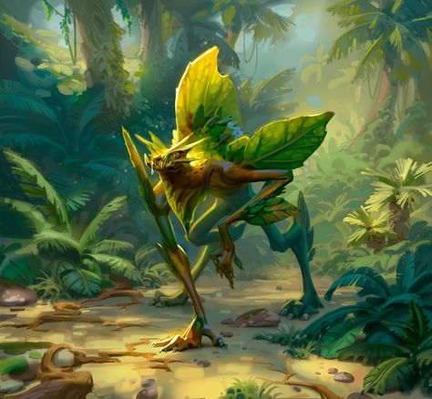 Jungle Monster Art, Dnd Tressym Familiar, Jungle Creatures Fantasy Art, Tropical Fantasy Creatures, Nature Monster Art, Lizard Concept Art, Grass Monster, Jungle Monster, Leaf Monster