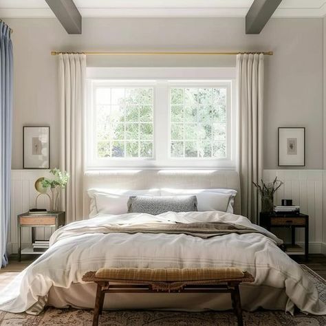 49 Stylish Window Behind Bed Ideas - DecorWithEva White Bed White Curtains, Master Bedrooms Decor Cozy Window Behind Bed, Bedroom Windows Above Bed, Bed Designs With Window Behind, Bed In Front Of Window Curtain Ideas, Bed Underneath Window, Window With Bed Design, Horizontal Bedroom Window, Small Bedroom Window Ideas Curtains