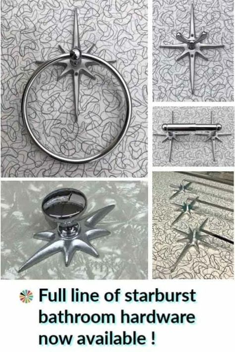 Starburst bathroom hardware - full line now available - Retro Renovation Starburst Bathroom, Vintage Bungalow, Mcm Bathroom, Mcm Interior, Goth House, Bathroom Retro, Retro Bathroom Decor, Tub To Shower Conversion, Shower Conversion