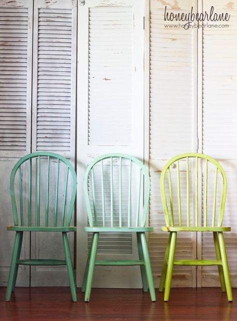 ombre windsor chairs 1 Windsor Chairs, Windsor Chair, Painted Chairs, Colorful Chairs, Diy Chair, Cool Chairs, Kitchen Chairs, Furniture Projects, Dining Room Chairs