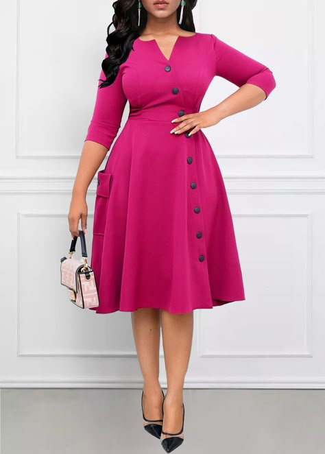 ROTITA Breathable Hot Pink Split Neck Dress | Rotita.com - USD $36.98 Pink Dress Suit Women, Beautiful Model Dress, Casual Dress For Summer, Office Clothes Women Casual, Office Clothing For Women, Clothing Collection Ideas, Plus Size Church Outfits Black Women, Already Made Gown Styles, Mom Dress Casual