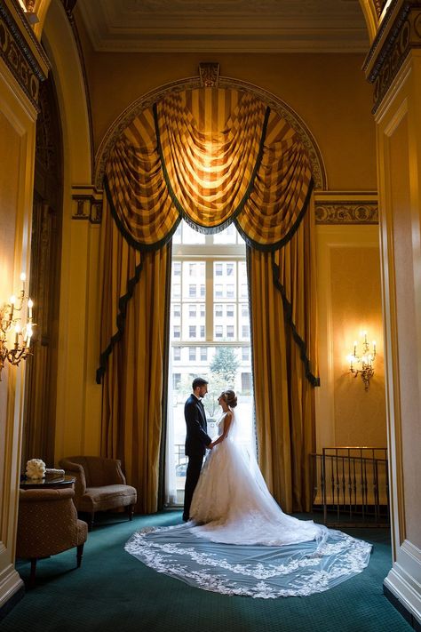 Luxurious Omni William Penn Hotel Wedding | Bride | Groom | Wedding Photo | Portrait | Elegant | Luxury | For more ballroom wedding ideas, visit burghbrides.com! Pnina Tornai Ball Gown, Glam Bride, William Penn, Pop Champagne, Italian Culture, Ballroom Wedding, Beautiful Flower Arrangements, White Hydrangea, White Orchids