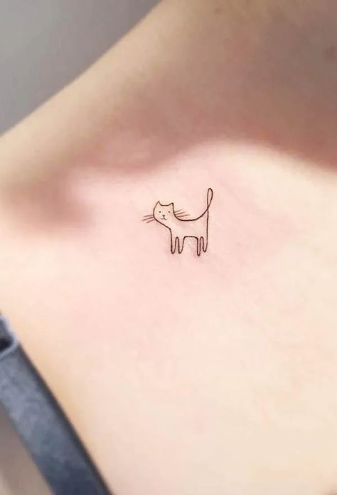 Cat Tattoo Small Simple Outline, Delicate Cat Tattoo, Simple Tattoo Outlines, Dainty Cat Tattoo, Cute Cat Tattoos, Cat Tatoos, Tiny Cat Tattoo, Small Cat Tattoo, Cat Silhouette Tattoos