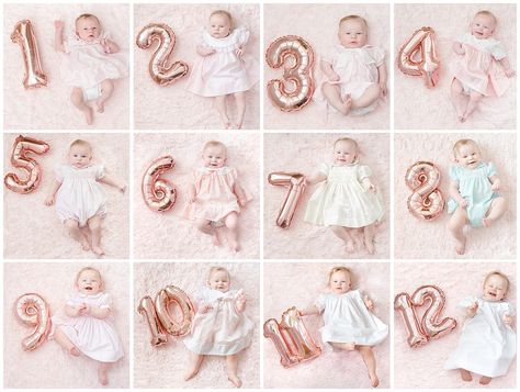 Camryn's First Year - ashleybrookephoto.com 1st Month Milestone Ideas, Newborn To 12 Months Pictures, Balloon Milestone Pictures, Girl Monthly Milestone Ideas, Baby First Month Pictures Photo Ideas, Baby Girl Milestone Ideas, Monthly Milestone Ideas For Baby Girl, Baby Monthly Milestones Ideas, 1 Month Milestones Photo Ideas