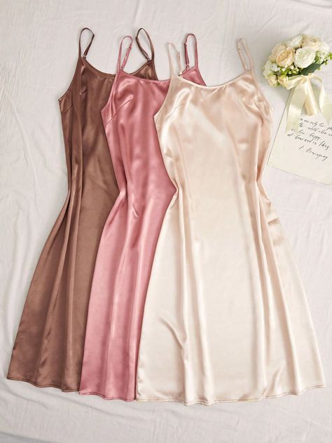 Women's 3pcs Solid Color Adjustable Strap Pajama Night DresssI discovered amazing products on SHEIN.com, come check them out! Lingerie Night Gown, Sleep Dress Outfit, Satin Sleepwear Dress, Night Gowns For Women, Sleep Night Dress, Pyjama Dress, Night Dress Sleep, Party Outfit Formal, Sleepwear Women Nightgowns