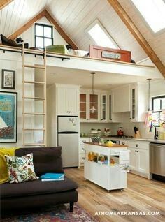 Vaulted ceiling with partial loft over kitchen/bath Mezzanine Loft, Design Casa Piccola, Cottage Loft, Tumbleweed Tiny Homes, Suite Ideas, Tiny House Loft, Garden Suite, Small Loft, Interior Minimalista