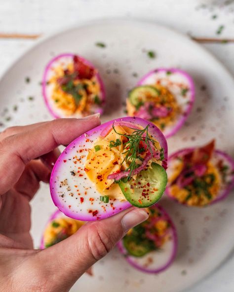 Perfectly Pink Deviled Egg Recipe | Culinary Cartel Delicious Deviled Egg Recipe, Pickled Deviled Eggs, Paleo Mayonnaise, Pickled Eggs Recipe, Devilled Eggs, Pickled Eggs, Pickled Beets, Deviled Eggs Recipe, Deviled Eggs