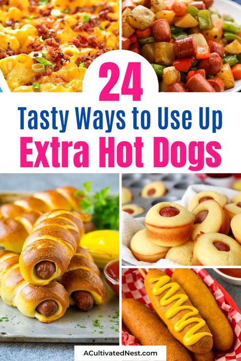 24 Tasty Recipes Using Leftover Hot Dogs- Don't know what to do with the hot dogs left over from your cookout? Here are many tasty recipes using leftover hot dogs! | #recipe #hotDogs #recipeIdeas #dinnerRecipes #ACultivatedNest Soup With Hot Dogs, Quick Hot Dog Recipes, Leftover Hot Dog Recipes What To Do, Cheap Meals With Hotdogs, Hot Dog Dishes Dinners, Hot Dog Recipes Healthy, Polish Sausage Hot Dog Recipes, Wiener Recipes Meals, Ways To Cook Hot Dogs Ideas