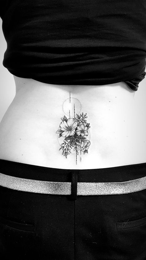 Meaningful Lower Back Tattoos For Women, Lower Back Floral Tattoos For Women, Tramp Stamp Cover Up Tattoos Back Pieces, Modern Lower Back Tattoo, Trampstamp Tattoo Cover Up, Classy Lower Back Tattoos For Women, Bottom Of Back Tattoo, Lower Back Floral Tattoo, Feminine Lower Back Tattoos