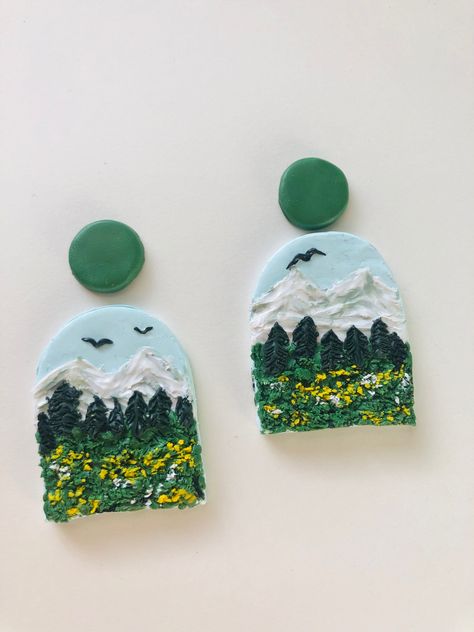 Polymer Clay Sceneries, Mountain Polymer Clay Earrings, Landscape Clay Earrings, Polymer Clay Landscape Earrings, Landscape Polymer Clay Earrings, Polymer Clay Mountains, Mountain Clay Earrings, Clay Earrings Diy Tutorials, Polymer Clay Landscape