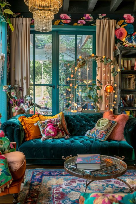 Eclectic Boho Chic: Transform Your Living Space with Vibrant Textures & Colors Living Room Ideas Jewel Tones, Mystic Living Room, Jewel Tone Eclectic Decor, Boho Living Room Jewel Tones, Jewel Tone Cottage, Jewel Tones Room, Bright Vintage Living Room, Jewel Tone Room Decor, Jewel Tone Asthetics