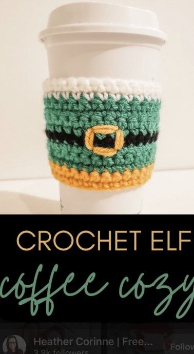 Crochet Elf Coffee Cozy (Free Pattern) Crochet Coffee Cup, Cup Cozy Crochet Pattern, Crochet Elf, Mug Cover, Cup Cozy Pattern, Crochet Mug, Crochet Mug Cozy, Crochet Coffee Cozy, Crochet Coffee