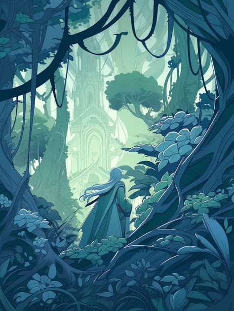 Magical Woods Illustration, Aesthetic Forest Drawing, Landscape Digital Illustration, Forest Ruins Concept Art, Dream Illustration Imagination, Watercolour Environment, Magical Forest Drawing, Forest Composition, Waterfall Illustration