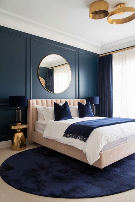 40+ Cozy Bedroom Ideas Navy Accent Wall, Dark Blue Bedroom Walls, Navy Bedroom Decor, Tan Bedroom, Blue And Pink Bedroom, Navy Bedrooms, Blue Bedroom Walls, Dark Blue Bedrooms, Navy Blue Bedrooms