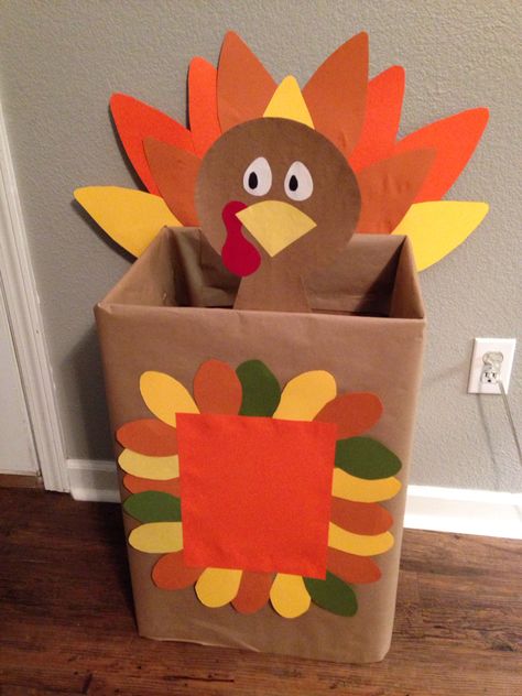 Turkey idea for food drive Thanksgiving Box Decorations, Turkey Basket Ideas, Turkey Food Drive Box Ideas, Thanksgiving Pto Ideas, School Food Drive Ideas, Thanksgiving Fundraiser Ideas, Thanksgiving Donation Box Ideas, Thanksgiving Food Donation Box Ideas, Food Donation Box Ideas Thanksgiving