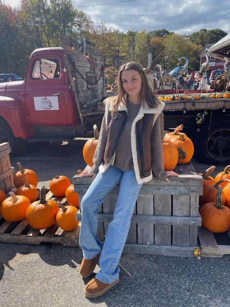 baggy jeans, faux fur vest, uggs, sweater, brown sweater, fall outfit, fall outfit inspo, pumpkin picking, cider mill, outfit inspo, outfit ideas, fall outfit ideas, sweater and vest outfit, fall, fall fashion Brown Fuzzy Vest Outfit, Brown Faux Fur Vest Outfit, Leather Sherpa Vest Outfit, Sweater And Vest Outfit, Brown Fur Vest Outfit, Cider Mill Outfit, Sheepskin Vest Outfit, Western Vest Outfit, Fuzzy Vest Outfit