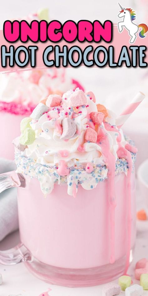 Fancy Hot Chocolate Recipe, White Chocolate Drink, Unicorn Hot Chocolate Recipe, Unicorn Recipes, Drinks Nonalcoholic, Unicorn Hot Chocolate, Magical Colors, Homemade Whipped Cream Recipe, Fun Drink Recipe