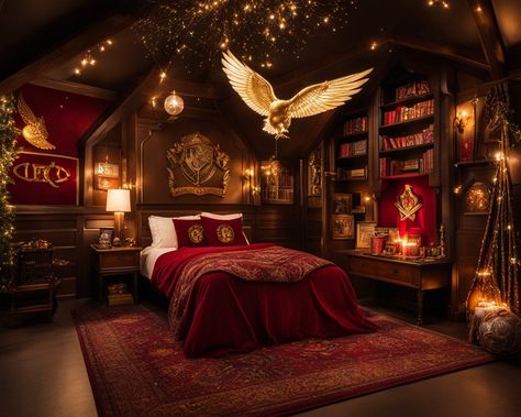 Master Bedrooms Decor Harry Potter, Harry Potter Home Decor Aesthetic, Harry Potter Bedroom Decor Ideas, Harry Potter Tent, Adult Harry Potter Bedroom, Harry Potter Bedroom Aesthetic, Harry Potter Dorm Room, Harry Potter Theme Room, Harry Potter Bedrooms