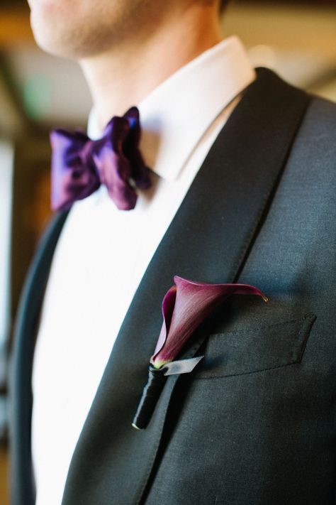 Lily Boutonniere, Boutonniere Ideas, Fall Boutonnieres, Deer Valley Utah, Calla Lily Boutonniere, Purple Bow Tie, Inside Weddings, Purple Bow, Wedding Themes Fall