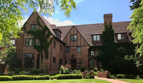 Sorority Row, Southern Style Home, Big Mansions, University Housing, Houses In America, Sorority House, Blue Shutters, Syracuse University, Tudor House