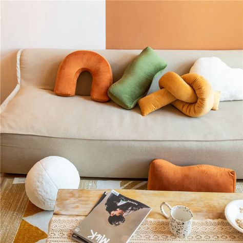 luxury high end interior design home decor deccorative pillow cushions shaped like knot, wave, and u shape, modern, minimalist, must have, marshalls, home goods, velvet pillow, unique home decor, gift for mom, housewarming gift, design, style, green, yellow, red, large pillow, custom design, art, chic home decor, diy, affordable home decor, trend, viral tiktok, made me buy it, gift idea, shaped pillow cushion, sofa pillow, bedroom decor, artistic, bright colorful, inspiration, shop small Retro Shapes, Knot Cushion, Knot Pillow, Pumpkin Pillows, Bedroom And Office, Soothing Colors, Unique Throw Pillows, Cotton Throw Pillow, Velvet Cushions