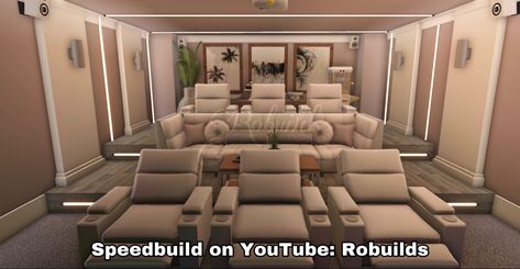 Bloxburg Huge Living Room Ideas, Tall Ceiling Living Room Bloxburg, Bloxburg Home Theater Ideas, Bloxburg Home Cinema, Movie Theater Room Ideas Bloxburg, Bloxburg Cinema Room Ideas, Blocksburg Mansion Ideas, Realistic Bloxburg Pantry, Theater Room Ideas Bloxburg