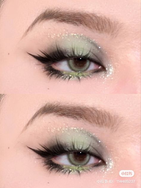 Sparkly Green Eye Makeup, Soft Green Eyeshadow Looks, Dark Green Douyin Makeup, Sage Green Douyin Makeup, Enchanted Forest Prom Makeup, Pastel Green Makeup Looks, Green And White Makeup Looks, Festive Christmas Makeup, Sage Green Prom Makeup