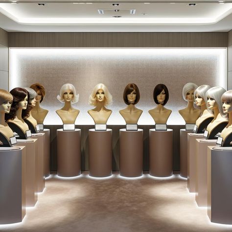 #wigs near me #human hair wigs #u nice hair #wigs  Step into elegance with our upscale wig boutique, where sophistication meets modern aesthetics. Showcasing a diverse array of human hair wigs, each styled and colored to perfection, our boutique boasts a luxurious interior. Mannequins are impeccably displayed on matte-finished pedestals under warm, focused ceiling lights, giving each wig a gallery-like prominence. From classic brunettes to avant-garde platinum tones, our selection is designed to cater to your unique style. Experience the exclusivity of u nice hair in the perfect boutique for finding wigs near you. Wig Mannequin, Wig Boutique, Wig Display, Raquel Welch Wigs, Luxurious Interior, Nice Hair, Effortless Beauty, Raquel Welch, Luxury Hair