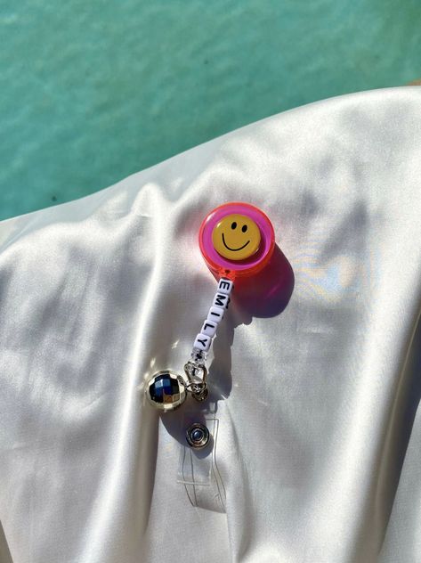 Nursing Badge Accessories, Peds Badge Reel, Beaded Smiley Face, Rad Tech Student, Nursing School Inspiration, Teacher Custom, Cna Nurse, 6 Characters, Cute Badge Reel