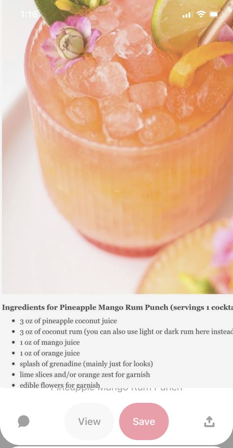 Brunch Pool Party Ideas, Mango Mixed Drinks, Mango Rum Drinks Recipes, Mango Drinks Alcohol, Cute Drinks Alcohol Girls Night, Summer Alcoholic Punch, Tropical Drinks Recipes Alcohol, Pineapple Mango Rum Punch, Pineapple Rum Punch