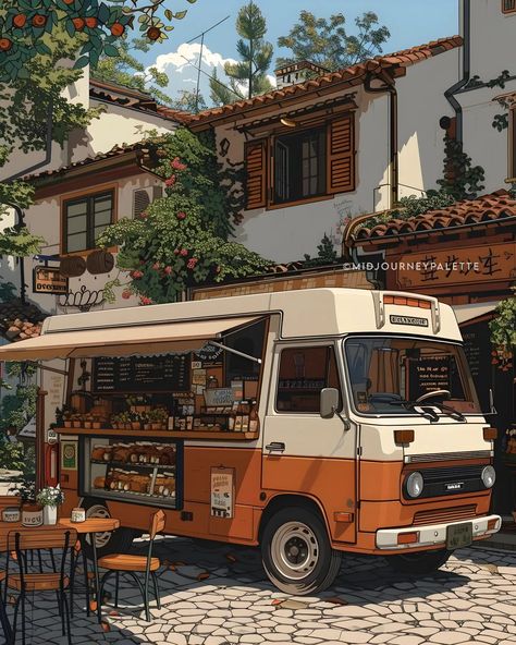 Life's ✨️better✨️ with a coffee break Share your thoughts below 👇 Created by: @midjourneypalette 🎨 ❌️Watermark removal from images is not allowed #midjourney #aiart #coffee #citystreets #travelphotography #travel #midjourneyart #midjourneyai Taco Truck Drawing, Coffee Truck Design, Soup Truck, Food Truck Aesthetic, Coffee Bus, Car References, Urban Illustration, Truck Illustration, Drive Thru Coffee