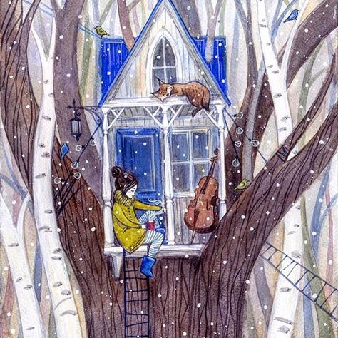 illustration by Anna Speshilova @annaspeshilova Winter Illustrations, Fairy Tree Houses, Winter Illustration, Fairy Tree, House Illustration, Art Et Illustration, Christmas Illustration, Illustration Artists, Book Illustrations