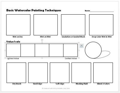 Basic Watercolor Painting Techniques Worksheet - Create Art with ME Basic Watercolor Painting, Watercolor Worksheet, Art Ideas Painting, Watercolor Art Ideas, Painting Sheets, Ideas Watercolor, Art Handouts, Teaching Watercolor, Basic Watercolor