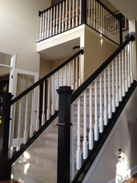 White Railing, Painted Stair Railings, Black Stair Railing, Black And White Stairs, Black Railing, Black Staircase, White Staircase, Painted Staircases, Black Stairs