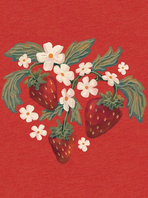 Strawberry Blossom Drawing, Strawberry Folk Art, Vintage Strawberry Tattoo, Strawberry Illustration Cute, Strawberry Art Illustration, Strawberry Art Aesthetic, Spring Room Decor Diy, Strawberry Drawings, Strawberry Vine Tattoo